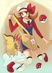  bad_id bad_pixiv_id bag brown_hair cabbie_hat chocho_(homelessfox) cyndaquil gen_2_pokemon hat hat_ribbon kotone_(pokemon) poke_ball poke_ball_(generic) pokedex pokemon pokemon_(creature) pokemon_(game) pokemon_hgss red_ribbon ribbon thighhighs twintails white_legwear 