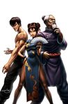  2boys bracelet braid breasts china_dress chinese_clothes chun-li double_bun dress earrings fan fei_long gen_(street_fighter) jewelry large_breasts multiple_boys muscle omar_dogan pantyhose pelvic_curtain short_hair side_slit signature street_fighter udon_entertainment 