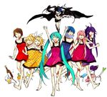  5girls \m/ alcohol aqua_hair arms_up banana barefoot beer bikini_top black_hair black_rock_shooter black_rock_shooter_(character) blonde_hair blue_hair blue_scarf boots bottle brown_hair coat dress eggplant food fruit hair_ornament hair_ribbon hairclip hatsune_miku kagamine_len kagamine_rin kaito kamui_gakupo long_hair megurine_luka meiko multiple_boys multiple_girls orange pink_hair ponytail popsicle purple_hair ribbon romeo_to_cinderella_(vocaloid) scarf short_dress short_hair shorts siblings simple_background smile spring_onion starshadowmagician sword takoluka twins twintails very_long_hair vocaloid weapon 