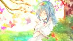  bad_id bad_pixiv_id blue_hair blush bug bunny butterfly copyright_request happy heca insect long_hair nature smile solo 