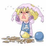  &gt;_&lt; :&lt; a abekawa ball between_legs blonde_hair broken chibi closed_eyes clothes_writing crying expressive_clothes fox_tail hat long_sleeves lowres open_mouth pillow_hat short_hair solo tail tail_between_legs tassel tears touhou translated white_background wide_sleeves yakumo_ran younger 