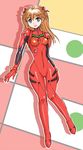 :d arms_at_sides bangs blue_eyes bodysuit bracer breasts brown_hair checkered checkered_background eva_02 eyebrows_visible_through_hair full_body gloves happy headgear hips knees_together_feet_apart long_hair looking_at_viewer neon_genesis_evangelion number open_mouth outline pilot_suit plugsuit rebuild_of_evangelion red_background red_bodysuit shadow shikinami_asuka_langley shiny shiny_clothes slender_waist small_breasts smile solo souryuu_asuka_langley standing straight_hair thigh_gap turtleneck two_side_up vt white_background wide_hips 
