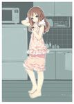  after_shower bad_id bad_pixiv_id barefoot brown_hair feet green_eyes kitchen long_hair original pajamas solo towel tsunako 