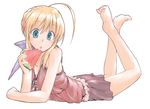  :o ahoge artoria_pendragon_(all) barefoot blonde_hair blue_eyes braid casual dorago eating fate/stay_night fate_(series) feet food fruit full_body hair_bun hair_ribbon holding holding_food holding_fruit lying on_stomach open_mouth ribbon saber simple_background skirt solo toes watermelon white_background 