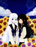  arashiyama_sayoko black_hair blue_eyes flower kaja_bergmann long_hair multiple_girls natsu_no_arashi! red_eyes school_uniform smile sunflower white_hair yusorate 