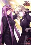 :&lt; absurdres ahoge artoria_pendragon_(all) blindfold blonde_hair corset dark_excalibur excalibur fate/stay_night fate/unlimited_codes fate_(series) gothic_lolita hair_ribbon hand_on_hilt highres impossible_clothes impossible_shirt lolita_fashion long_hair multiple_girls official_art purple_eyes purple_hair ribbon rider saber_alter scan shirt sword takeuchi_takashi very_long_hair weapon yellow_eyes 