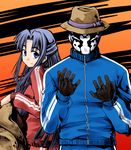  1girl asakura_ryouko blue_eyes blue_hair crossover gloves hat inusurvivor long_hair m.u.g.e.n mask rorschach suzumiya_haruhi_no_yuuutsu track_suit trench_coat watchmen 