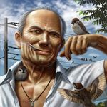  animal animal_on_shoulder bird bird_on_hand bird_on_shoulder brown_eyes cigarette day eurasian_tree_sparrow grey_hair jewelry male_focus matataku necklace old_man original power_lines realistic sky smoking solo sparrow 