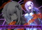  armor bangs blue_eyes bodysuit breasts copyright_name covered_navel covered_nipples cowboy_shot cryska_barchenowa gloves hair_between_eyes hand_on_hip highres honeycomb_(pattern) honeycomb_background kilina large_breasts light_smile long_hair looking_at_viewer muvluv muvluv_alternative muvluv_total_eclipse pauldrons pilot_suit skin_tight smile solo white_hair zoom_layer 
