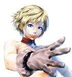  blonde_hair blue_eyes choker convenient_arm cozy foreshortening gloves hands lips original short_hair smile solo topless 