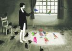  bad_id bad_pixiv_id bangs banned_artist barefoot bird bird_on_hand black_hair blunt_bangs bob_cut bottomless chair colorful curtains flock indoors kumaori_jun original pale_skin panties short_hair solo underwear window 