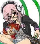  amber_eyes blush button buttons glasses guitar headphones instrument lowres nitroplus pink_hair sitting sonico soniko super_sonico tuning_guitar yellow_eyes 
