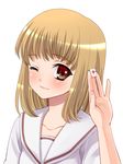  akito_(ao's_club) blonde_hair blush fukuji_mihoko kazekoshi_school_uniform mahjong one_eye_closed red_eyes saki school_uniform solo 