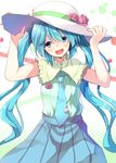  :d absurdres aqua_eyes aqua_hair bad_id bad_pixiv_id hands_on_headwear hat hatsune_miku highres hopepe long_hair necktie open_mouth skirt smile solo sun_hat twintails very_long_hair vocaloid 