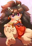  bare_legs bare_shoulders big_hair blush bracelet brown_hair clothes_writing collarbone dudou eyeshadow fang fingernails grin heart horns jewelry long_hair makeup oboro_muramasa oni oni_horns outstretched_arm outstretched_hand purple_eyes rajaki_(oboro_muramasa) sharp_fingernails sharp_toenails smile socks_removed solo toenails ukan_muri very_long_hair 