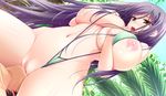  1girl areolae atelier_kaguya blush breasts censored choco_chip game_cg highres huge_breasts legs licking long_hair looking_down lying namaiki_~kissuisou_e_youkoso!~ navel nipples open_mouth oral purple_hair pussy pussy_juice sitting sitting_on_face sitting_on_person sling_bikini sweat swimsuit thighs yellow_eyes 