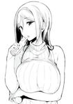  breast_hold breasts greyscale hair_between_eyes hairband huge_breasts hyouka irisu_fuyumi jpeg_artifacts long_hair looking_away monochrome ramune ribbed_sweater sasamori_tomoe simple_background sketch sleeveless sleeveless_turtleneck solo sweater turtleneck white_background 