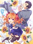  1girl :d bad_id bad_pixiv_id black_hair blazer blue_eyes bow calligraphy_brush eraser flower gekkan_shoujo_nozaki-kun hair_bow highres jacket manga_(object) nozaki_umetarou open_mouth orange_hair paintbrush pen polka_dot polka_dot_bow purple_eyes rouman_academy_uniform sakura_chiyo school_uniform smile sunflower thighhighs zenyu zettai_ryouiki 