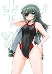  bad_id bad_pixiv_id competition_swimsuit dakku_(ogitsune) eyepatch green_eyes green_hair hat kantai_collection kiso_(kantai_collection) long_hair one-piece_swimsuit peaked_cap swimsuit translation_request wet 