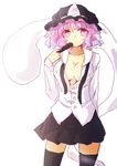  alternate_costume black_legwear breasts casual cleavage emia_wang ghost hat large_breasts necktie open_clothes pink_eyes pink_hair ribbon saigyouji_yuyuko short_hair solo thighhighs touhou triangular_headpiece untied 