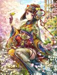  bird blush brown_hair flower gradient_eyes hair_flower hair_ornament japanese_clothes kimono multicolored multicolored_eyes obi original parted_lips petals poshii_(posy) purple_eyes red_eyes sash short_hair sitting solo thighhighs white_legwear 