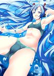  :d air_bubble armpits beamed_eighth_notes bikini blue_eyes blue_hair bubble cameltoe hatsune_miku headphones highres long_hair musical_note musical_note_print navel open_mouth quarter_note smile solo staff_(music) sukage swimsuit treble_clef twintails underwater very_long_hair vocaloid 