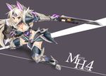  :3 armor between_breasts bikini_armor black_legwear blush breasts charge_blade cleavage collarbone fang fighting_stance fur_trim gauntlets highres holding holding_sword holding_weapon kurokage large_breasts long_hair looking_at_viewer monster_hunter monster_hunter_4 navel open_mouth pauldrons purple_background red_eyes solo stygian_zinogre_(armor) sword text_focus thighhighs title weapon white_hair 