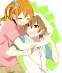  1girl amamiya_hibiya blush brown_hair hug hug_from_behind kagerou_project kisaragi_momo long_hair me_81 orange_hair short_hair side_ponytail smile 