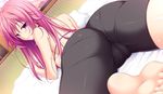  1girl ass atelier_kaguya back barefoot bike_shorts blush breast_press breasts cameltoe choco_chip feet from_behind futon game_cg highres legs long_hair looking_back lying namaiki_~kissuisou_e_youkoso!~ on_stomach pink_eyes pink_hair smile solo sweat thighs toes 