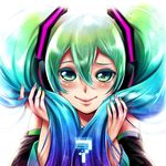  2014 blush character_name closed_mouth dated detached_sleeves face green_eyes green_hair hatsune_miku headphones kitano_tomotoshi long_hair smile solo twintails vocaloid 