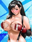  1girl artist_request black_hair blush breasts covering covering_breasts elbow_gloves final_fantasy final_fantasy_vii fingerless_gloves gloves hand_bra large_breasts red_eyes solo suspenders tifa_lockhart topless 