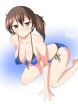  arm_support bikini blush breasts brown_eyes brown_hair cleavage deego_(omochi_bazooka) kaga_(kantai_collection) kantai_collection kneeling large_breasts looking_at_viewer navel open_mouth short_hair side-tie_bikini side_ponytail signature solo swimsuit 