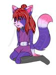  ambiguous_gender canine clothing collar cub flat_chested fur hair litrium long_hair mammal one_eye_closed open_mouth pink_fur plain_background purple_fur red_eyes red_hair shirt shorts smile socks watermark white_fur young 