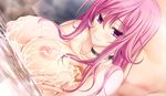  1girl areolae armpit_sex atelier_kaguya blush breast_hold breasts censored choco_chip cum cum_on_body cum_on_breasts cum_on_upper_body game_cg highres huge_breasts long_hair namaiki_~kissuisou_e_youkoso!~ nipples nude penis pink_eyes pink_hair smile steam water 