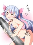  bikini blue_hair blush breasts cleavage deego_(omochi_bazooka) fang front-tie_top hair_ribbon holding holding_torpedo i-19_(kantai_collection) kantai_collection large_breasts long_hair looking_at_viewer navel one_eye_closed open_mouth red_eyes ribbon smile solo star star-shaped_pupils swimsuit symbol-shaped_pupils torpedo translated twintails 