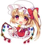  :d ascot blonde_hair blush bow chibi flandre_scarlet hat hat_bow morinaga_kobato open_mouth red_eyes sash side_ponytail simple_background smile solo touhou white_background wings 