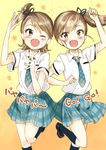  brown_eyes brown_hair futami_ami futami_mami idolmaster idolmaster_(classic) miyabi_akino multiple_girls necktie one_eye_closed short_hair siblings side_ponytail sisters 