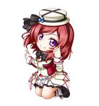  black_bow black_neckwear boater_hat boots bow bowtie chibi earrings hat hat_ribbon highres jewelry kneeling kuena long_sleeves looking_at_viewer love_live! love_live!_school_idol_project nishikino_maki pleated_skirt purple_eyes red_hair ribbon short_hair simple_background skirt smile solo sore_wa_bokutachi_no_kiseki white_background 