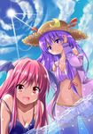  :d bad_id bad_pixiv_id bat_wings bikini blush breasts crescent hat head_wings highres hyurasan koakuma large_breasts long_hair looking_at_viewer medium_breasts multiple_girls open_mouth partially_submerged patchouli_knowledge pink_eyes pink_hair purple_eyes purple_hair smile strap_slip straw_hat striped sun swimsuit touhou vertical-striped_bikini vertical_stripes water wings 