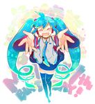  7:24 :d black_legwear blue_hair blush boots closed_eyes detached_sleeves happy_birthday hatsune_miku headset long_hair necktie open_mouth skirt sleeveless smile solo thigh_boots thighhighs twintails very_long_hair vocaloid 