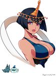  albus_(skullgirls) alternate_color bare_shoulders bird black_hair breasts circlet cleavage collarbone d-ryuu dark_skin dog eliza_(skullgirls) eyeshadow hagoromo horace_(skullgirls) large_breasts lips makeup pink_eyes shawl short_hair sideboob skullgirls solo upper_body watermark web_address 