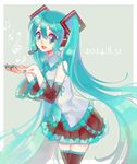  2014 aqua_eyes aqua_hair beamed_eighth_notes beamed_sixteenth_notes dated detached_sleeves hatsune_miku headset long_hair looking_at_viewer musical_note necktie quarter_note rikovui skirt solo thighhighs treble_clef twintails very_long_hair vocaloid zettai_ryouiki 