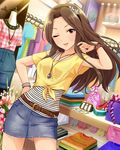  artist_request belt bracelet brown_eyes brown_hair clothes_hanger clothes_rack contrapposto crop_top denim denim_skirt front-tie_top hairband hand_on_hip idolmaster idolmaster_cinderella_girls jewelry komuro_chinami long_hair looking_at_viewer necklace official_art one_eye_closed parted_lips shirt shopping skirt standing tied_shirt 