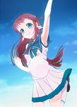  absurdres aqua_eyes arm_up armpits brown_hair cloud feathers highres long_hair mukaido_manaka nagi_no_asukara okiperi school_uniform sky smile solo 