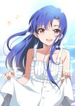  2014 :d blue_hair blush curtsey dated dress flat_chest highres idolmaster idolmaster_(classic) inoue_sora kisaragi_chihaya long_hair musical_note open_mouth out-of-frame_censoring purple_eyes signature smile solo sundress textless 