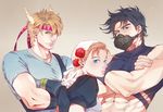  2boys bandana black_hair blonde_hair blue_eyes caesar_anthonio_zeppeli crossed_arms facial_mark fingerless_gloves ganbaru_(woainini) gloves green_eyes headband jojo_no_kimyou_na_bouken joseph_joestar_(young) midriff multiple_boys suzi_q 