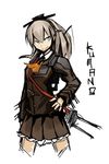  blue_eyes cannon character_name commentary_request cowboy_shot cropped_legs deel_(rkeg) hand_on_hip headgear highres kantai_collection kumano_(kantai_collection) long_hair military military_uniform ponytail silver_hair sketch smile solo uniform 