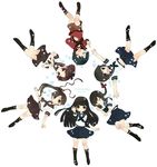  6+girls :d :o ^_^ ayanami_(kantai_collection) bangs black_eyes black_hair black_legwear blunt_bangs braid brown_eyes brown_hair circle_formation eyes_closed hair_ribbon hands_clasped hatsuyuki_(kantai_collection) isonami_(kantai_collection) kantai_collection kneehighs long_hair long_sleeves looking_at_viewer lying miyuki_(kantai_collection) mogami_(kantai_collection) multiple_girls neckerchief no_shoes open_mouth outstretched_arms ponytail ribbon school_uniform serafuku shikinami_(kantai_collection) short_hair short_sleeves shorts side_ponytail skirt smile star sumisu_(rinsumi) white_background 