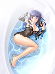  1girl bangs blunt_bangs book breasts cleavage detached_sleeves eating feet female food ice_cream karaage3000kei lace_bra large_breasts legs lingerie long_hair lying nail_polish navel on_side original pink_eyes purple_hair see-through solo tub underwear water wavy_hair wet 