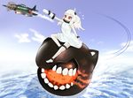  ahoge aircraft airplane barefoot dress flying_sweatdrops horns kantai_collection long_hair mittens northern_ocean_hime red_eyes shinkaisei-kan solo white_dress white_hair white_skin zubi_(skylinezb) 